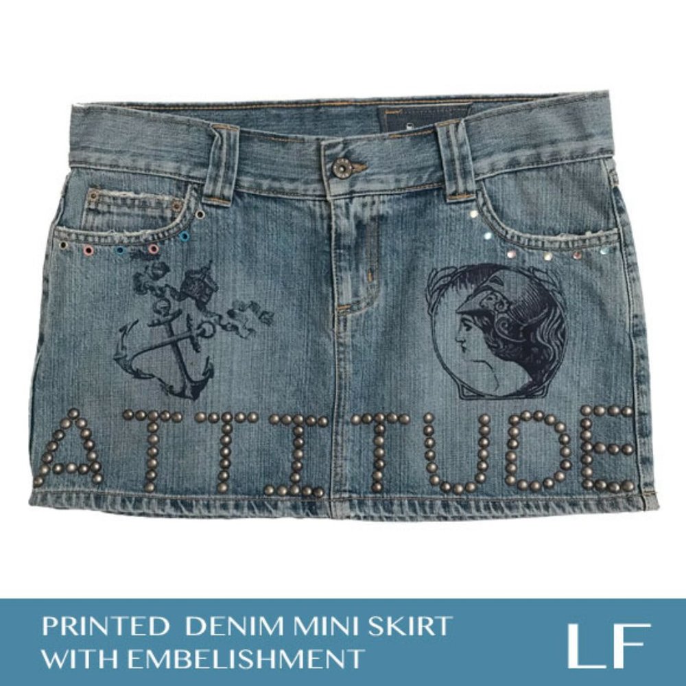 LF Printed Denim Mini Skirt With Embelishment Size 29
